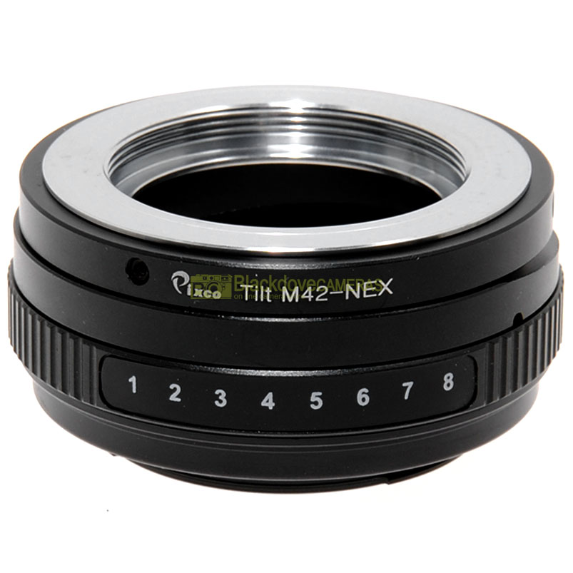 Adapter TILT (basculante) per obiettivi a vite M42 su fotocamere Sony E-Mount.