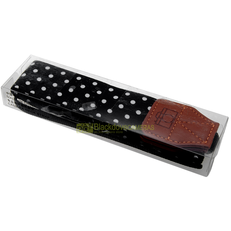 Tracolla universale per fotocamere reflex, nera con pois bianchi. Sgancio rapido