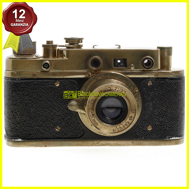 Fotocamera a telemetro M39 con Elmar 50mm. f3,5. Fedele replica Leica dorata.