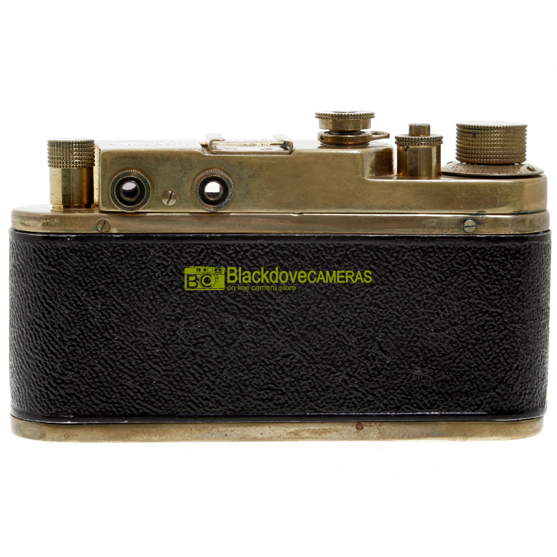 Fotocamera a telemetro M39 con Elmar 50mm. f3,5. Fedele replica Leica dorata.