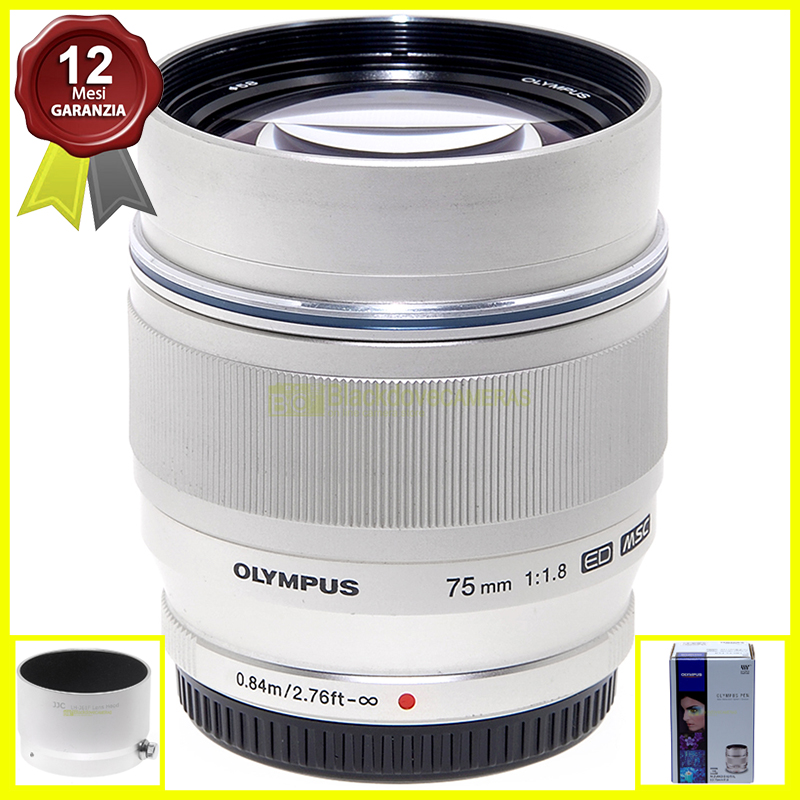 Obiettivo Olympus M Zuiko Digital 75mm f1,8 ED per micro 4/3 MFT + paraluce JJC