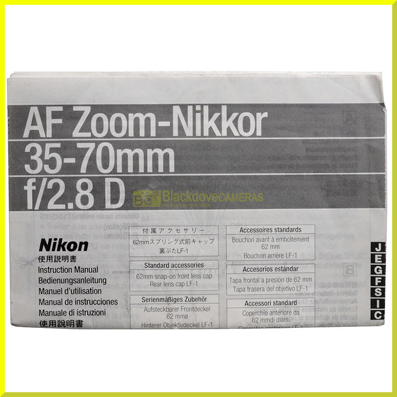 Manuale originale per Nikon AF Nikkor 35/70mm f2,8 D Italiano English G F S J