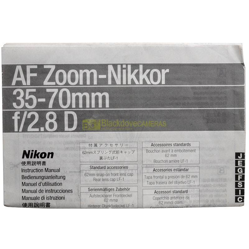 Manuale originale per Nikon AF Nikkor 35/70mm f2,8 D Italiano English G F S J
