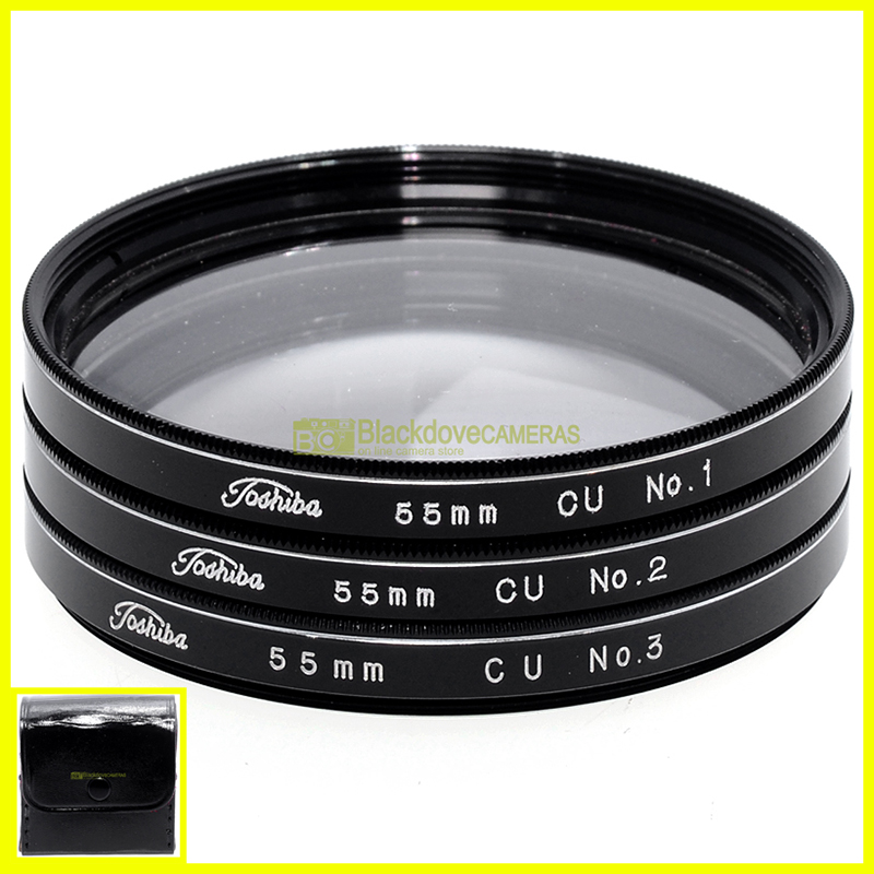 “55mm. Kit aggiuntivi macro Toshiba +1 +2 +3 diottrie. Close-up adapters kit.”