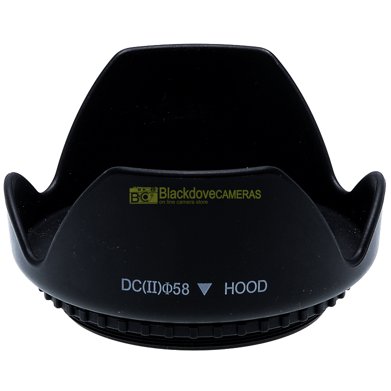 “58mm. paraluce a corolla universale, innesto a vite. Ruotabile. Lens hood.”