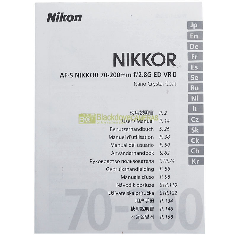 Manuale originale per Nikon AF-S Nikkor 70/200mm f2,8 G ED VR II (I E G F S J)