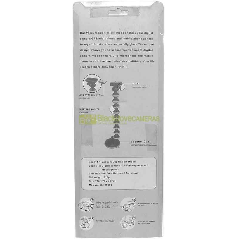 Mini stativo a ventosa, snodabile. Per fotocamere e videocamere leggere.