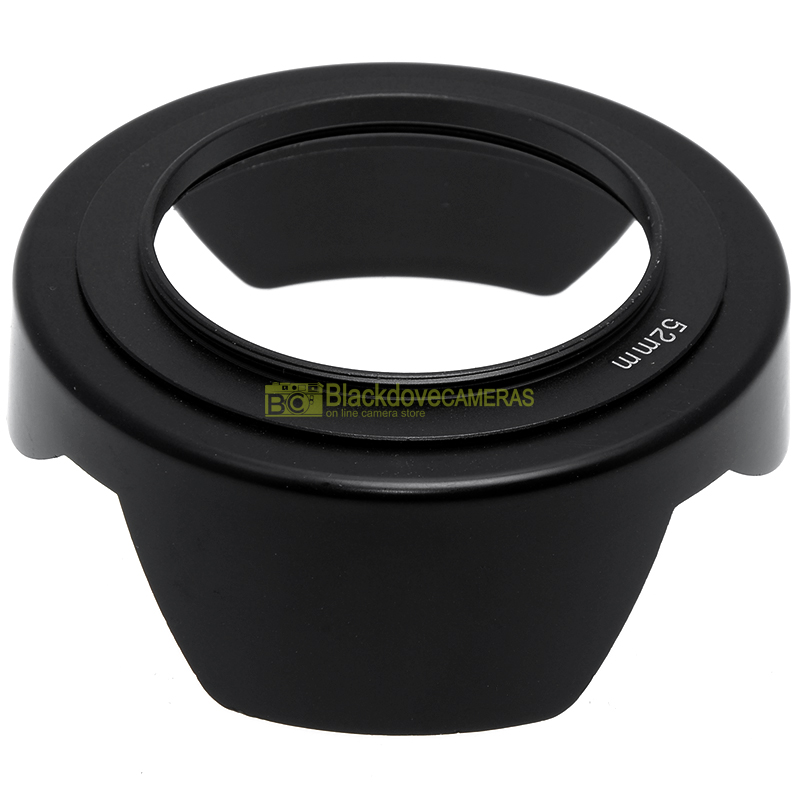 “52mm. paraluce a corolla universale, innesto a vite. Ruotabile. Lens hood.”
