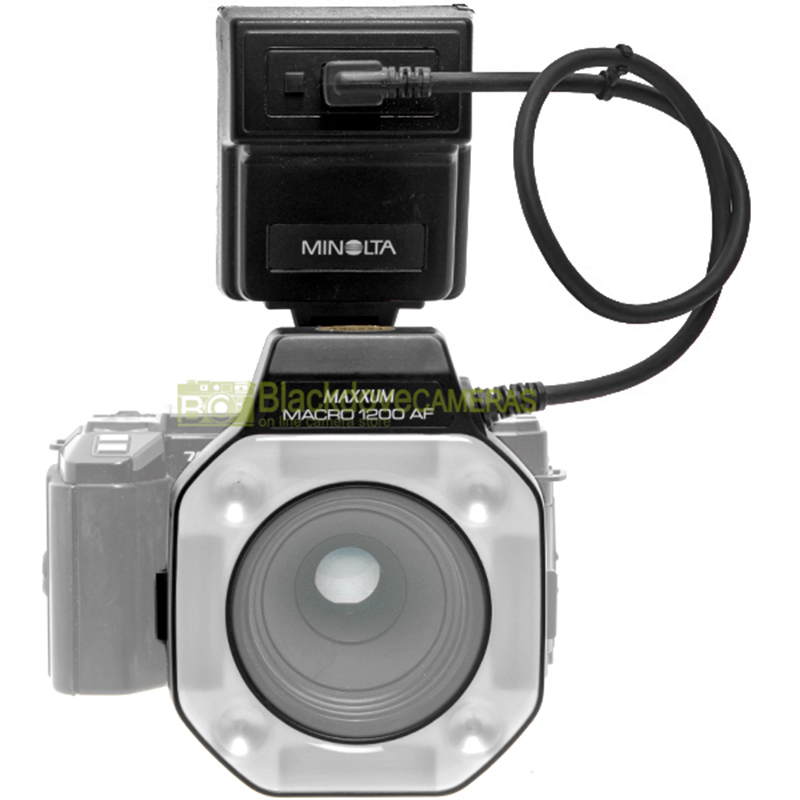 Minolta flash anulare macro 1200AF con control Unit per fotocamere. Closeup.