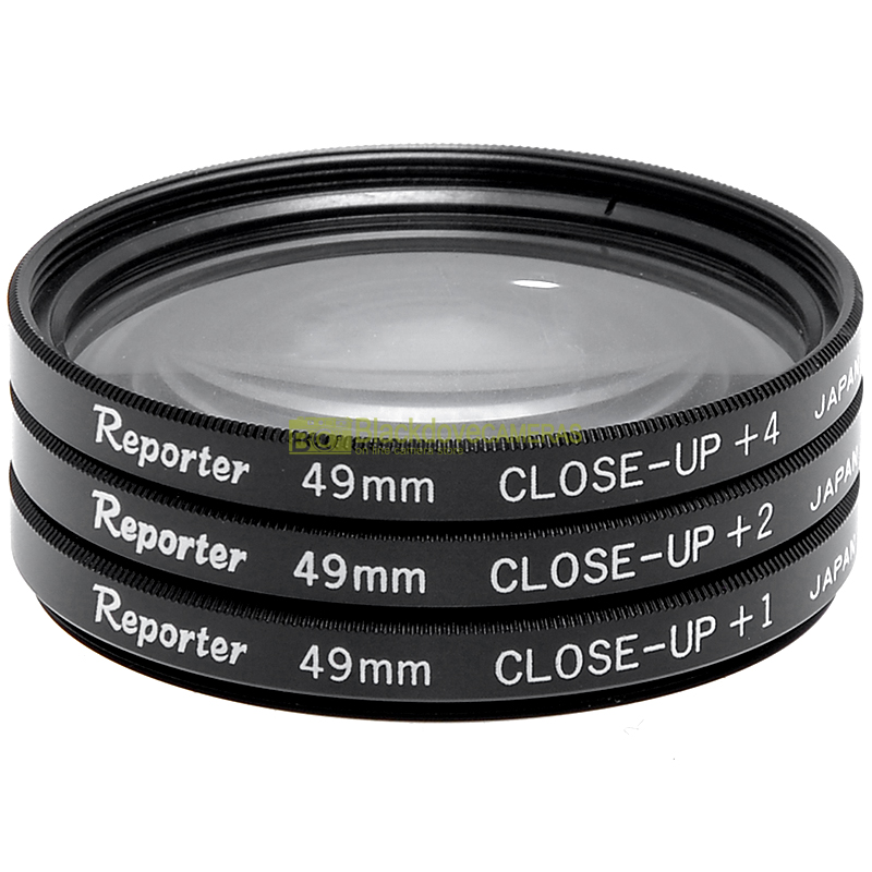 Kit aggiuntivi macro Reporter +1 +2 +4 diottrie 49mm. Close-up set M49. Lenti.