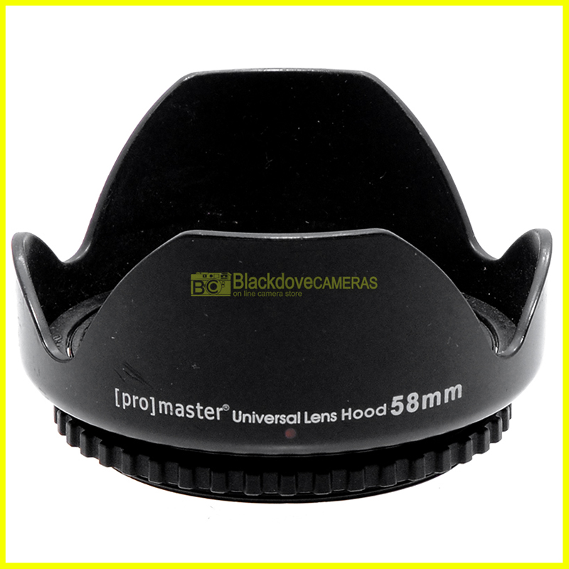 “58mm. paraluce a corolla universale, innesto a vite. Ruotabile. Lens hood.”