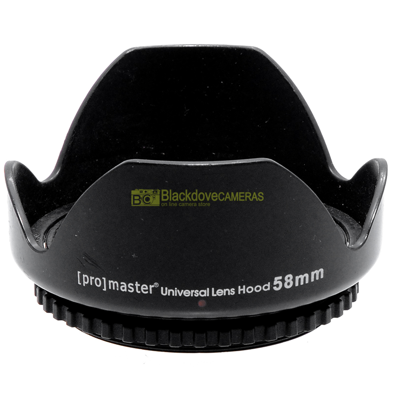 “58mm. paraluce a corolla universale, innesto a vite. Ruotabile. Lens hood.”