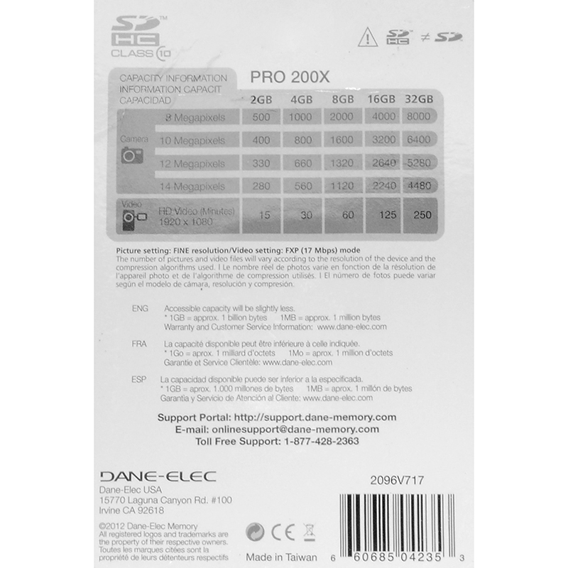 Dane-Elec SDHC Pro card card 8Gb 200x Class 10. Scheda di memoria SD.