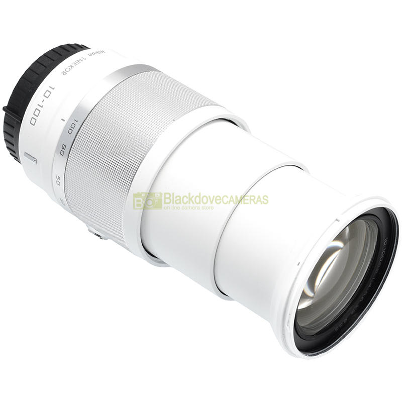 Nikon 1 Nikkor 10-100mm f/4-5.6 VR Zoom Bianco con Filtro UV vista laterale