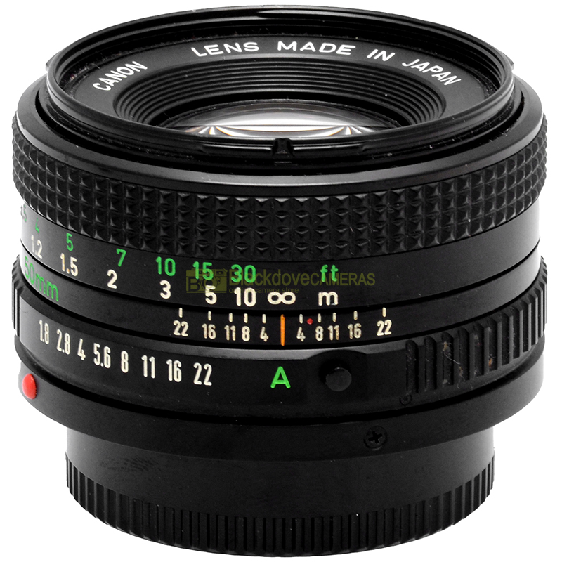 Canon FD 50mm f/1.8 vista frontale dell’obiettivo vintage