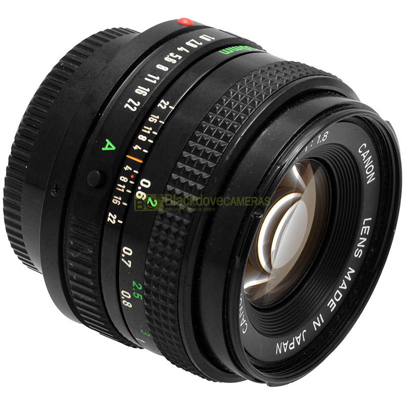 Canon FD 50mm f/1.8 dettaglio ghiere messa a fuoco e diaframma