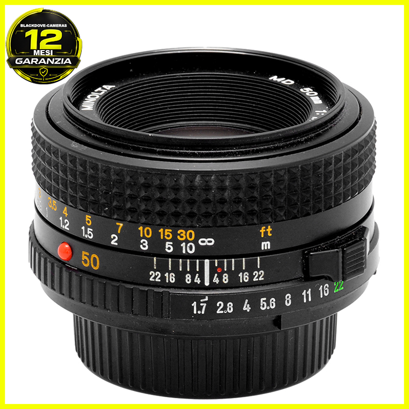 Minolta MD 50mm. f1,7 obiettivo per fotocamere reflex a pellicola MD MC e SR. 7 Minolta MD 50mm f/1.7 vista frontale