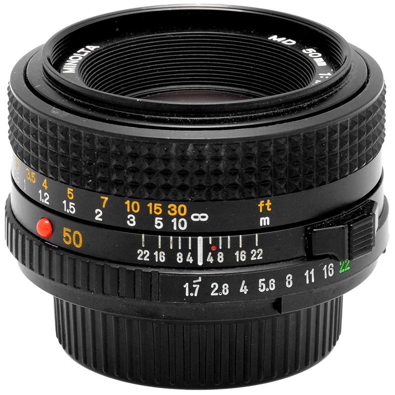 Minolta MD 50mm. f1,7 obiettivo per fotocamere reflex a pellicola MD MC e SR. 8 Minolta MD 50mm lato A