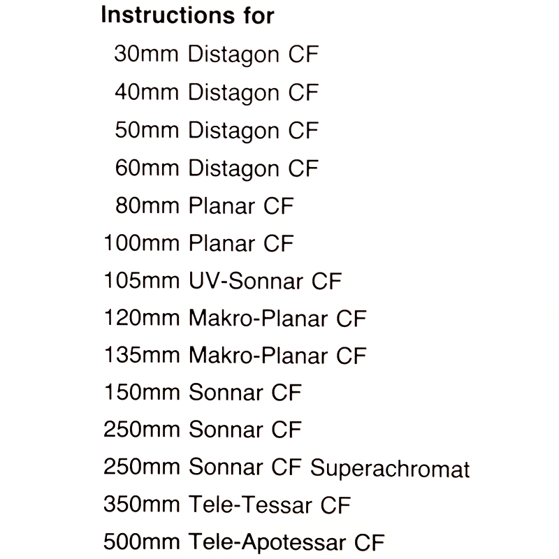 Hasselblad CF Lenses Manual Instructions EN FR DE SE Distagon Planar Sonnar 8 Hasselblad CF lenses manual compatibilità
